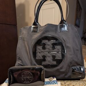 Tory Burch Large Black Ella Tote Bag Patent Logo and Matching Wallet